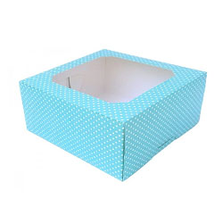 กล่องเค้ก 3 ปอนด์  ลายจุดสีฟ้า ขนาด 26 x 26 x14 cm. 
