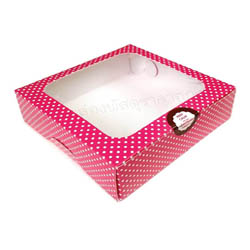 กล่องเบเกอรี่ สีชมพู จุดขาว ขนาด 16x16x5 cm. 